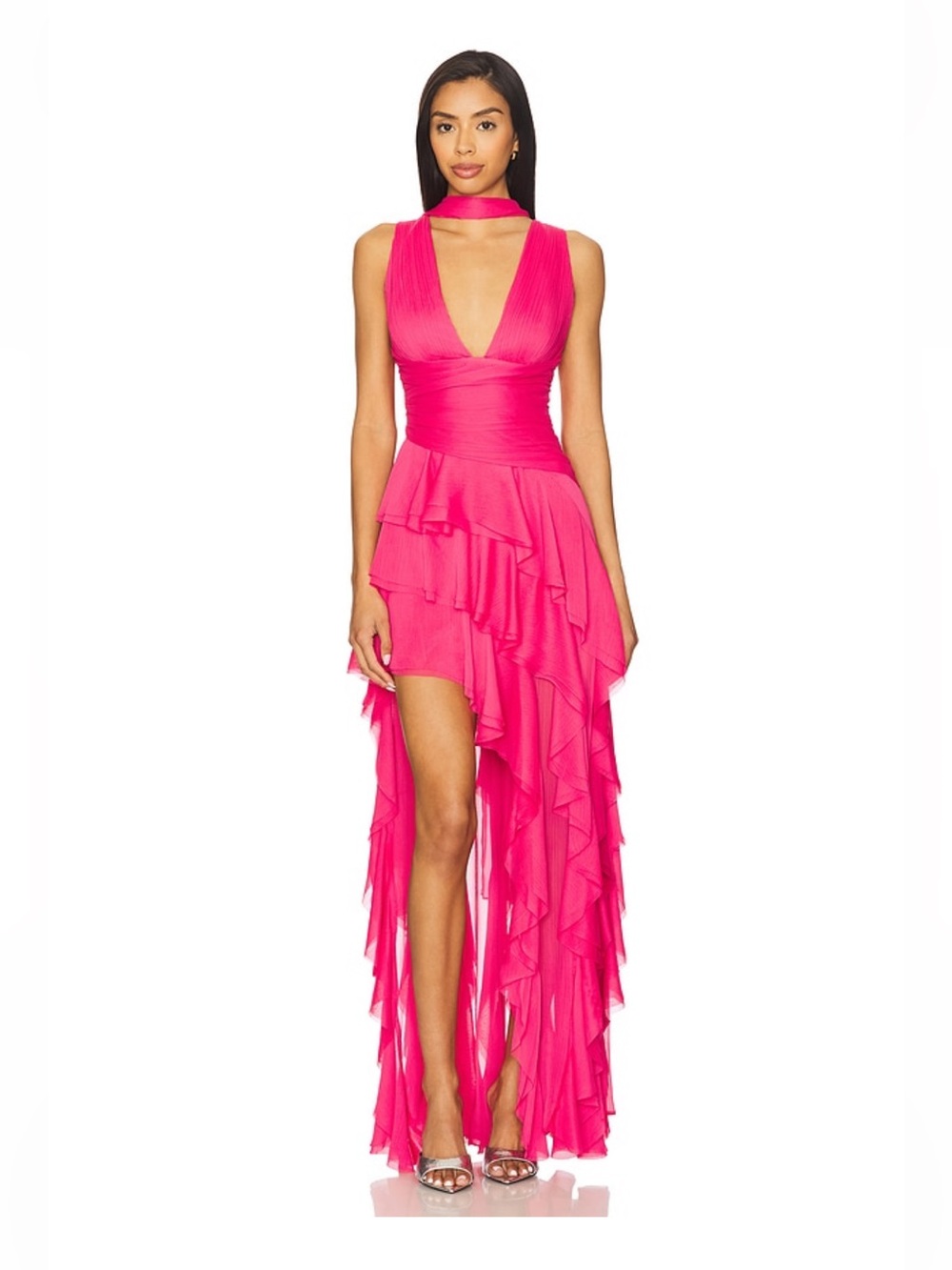Alice + Olivia Hot Pink Ruffled High-Low Evening Gown in Raspberry NO SCARF